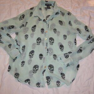 About a girl teal black skull goth grunge sheer blouse lg